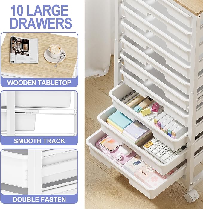 SYKIARIOL Rolling Cart with Drawers,10 Drawer Rolling Cart,Storage Cart with Wheels,Utility Cart with Drawers,Teacher Cart for Classroom Storage,Craft Cart with Wheels and Wooden Tabletop,White