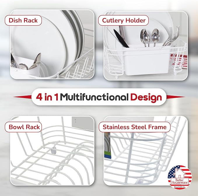 Better Houseware Dish Drying Rack, Space-Saving Dish Drainer Rack for Kitchen Counter, Kitchen Dish Strainer 2-Piece Set with Utensil Holder, White