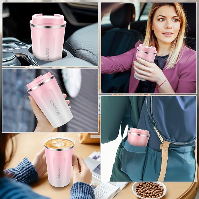 CS COSDDI 12 oz Stainless Steel Vacuum Insulated Tumbler - Coffee Travel Mug Spill Proof with Lid - Coffee Cups for Keep Hot/Ice Coffee,Tea and Beer (Pink-White380ML)