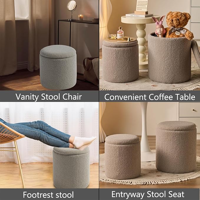 BLEXA Round Ottoman with Storage Set of 2 - Upholstered Sherpa Vanity Stool for Makeup Multifunctional Ottomans Coffee Table Padded Seat Foot Rest for Living Room & Bedroom (Sherpa Gray)