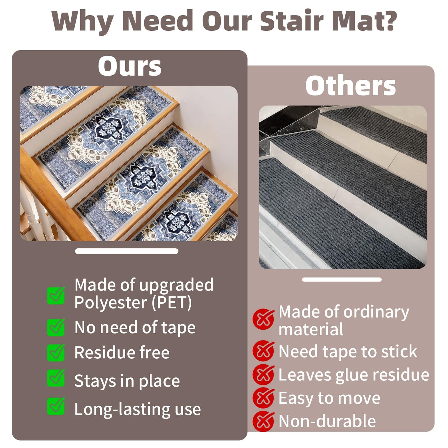 Stair Treads Non Slip 15 Pack 8" X 30" Stair Treads for Wooden Steps, Washable Self Adhesive Stair Runners Stain Resistant Stair Carpet, Edging Staircase for Kids Elders and Dogs (Style 2)