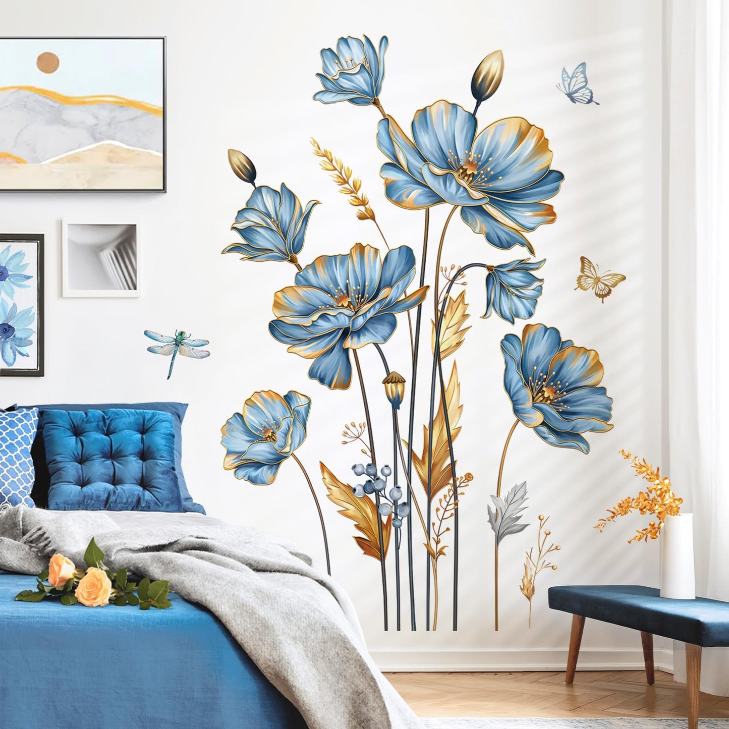 decalmile Large Blue Flower Wall Stickers Floral Butterfly Plants Gold Leaves Wall Decals Bedroom Living Room Sofa TV Background Wall Decor