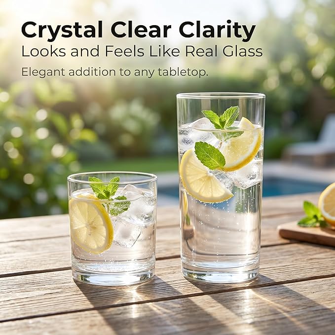 Plastic Drinking Glasses Set of 8, 14oz Rocks & 20oz Water Cups, Unbreakable Plastic Glasses Drinkware, Clear Kitchen Tumblers for Home & Outdoors, Reusable , BPA-Free, Top-Rack Dishwasher Safe