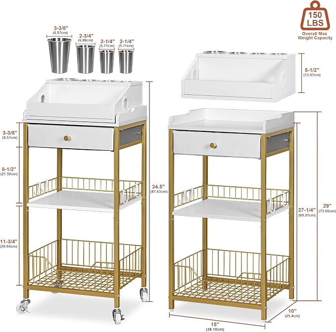 Makeup Organizer Cart with Drawer, 2-in-1 Rolling Organizer Cart with Hair Tool Holder, Vanity Storage for Skincare, Perfume, Nail Polish, Cosmetics, Gold Finish