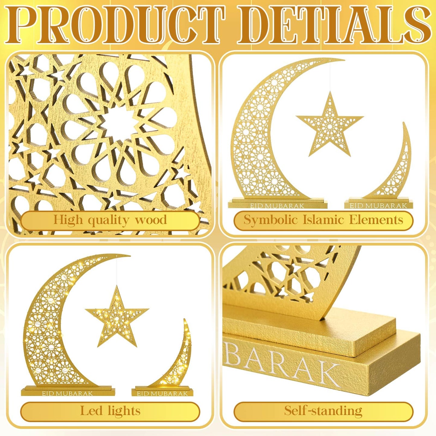 Wesiti 2 Pcs Eid Al Adha Decorations Eid Mubarak Wooden Table Decoration Islamic Gifts for Muslim Gold Crescent Lamp with Moon Star Centerpiece Light for Al Adha Decor Muslim Holiday Celebration