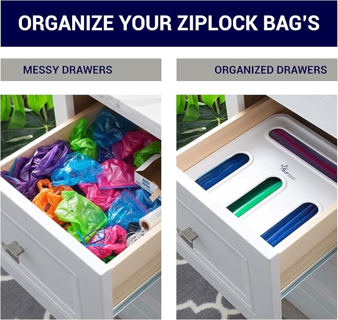 Ziplock Bag Organizer for Drawer | 4 In 1 Plastic Bag Organizer For Gallon, Quart, Sandwich & Snack | Food Bags Dispenser for Kitchen Storage, Wall Mount, Lightweight & Durable