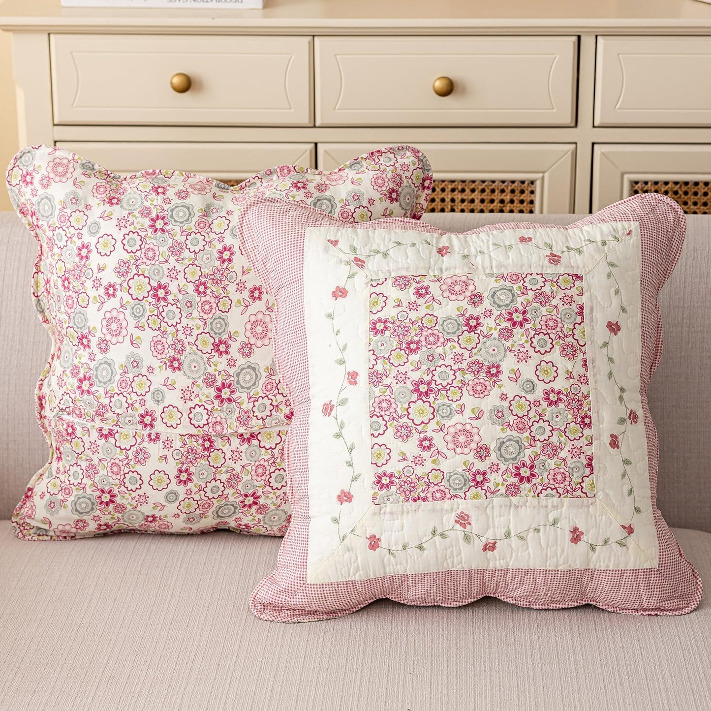 vctops Set of 2 Quilted 100% Cotton Boho Throw Pillow Covers 18" x 18" Farmhouse Country Floral Patchwork Decorative Cushion Cover, Patchwork Flower L