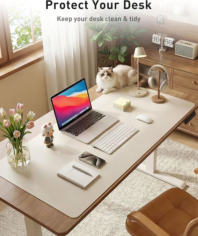 Aothia Faux Leather Desk Mat - Large Mouse Pad, Non-Slip PU Leather Blotter, Waterproof Writing Surface for Office and Home (Off-White, 42" x 17")