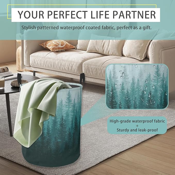 Green Misty Forest Round Laundry Hamper Storage Basket Toys Clothes Organizer Bin For Home Bathroom Bedroom Dorm Nursery