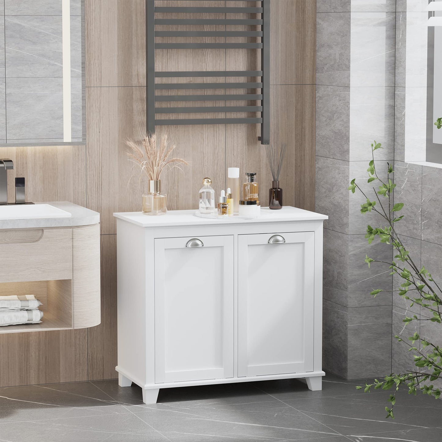 Tilt Out Laundry Sorter Bathroom Cabinet, White