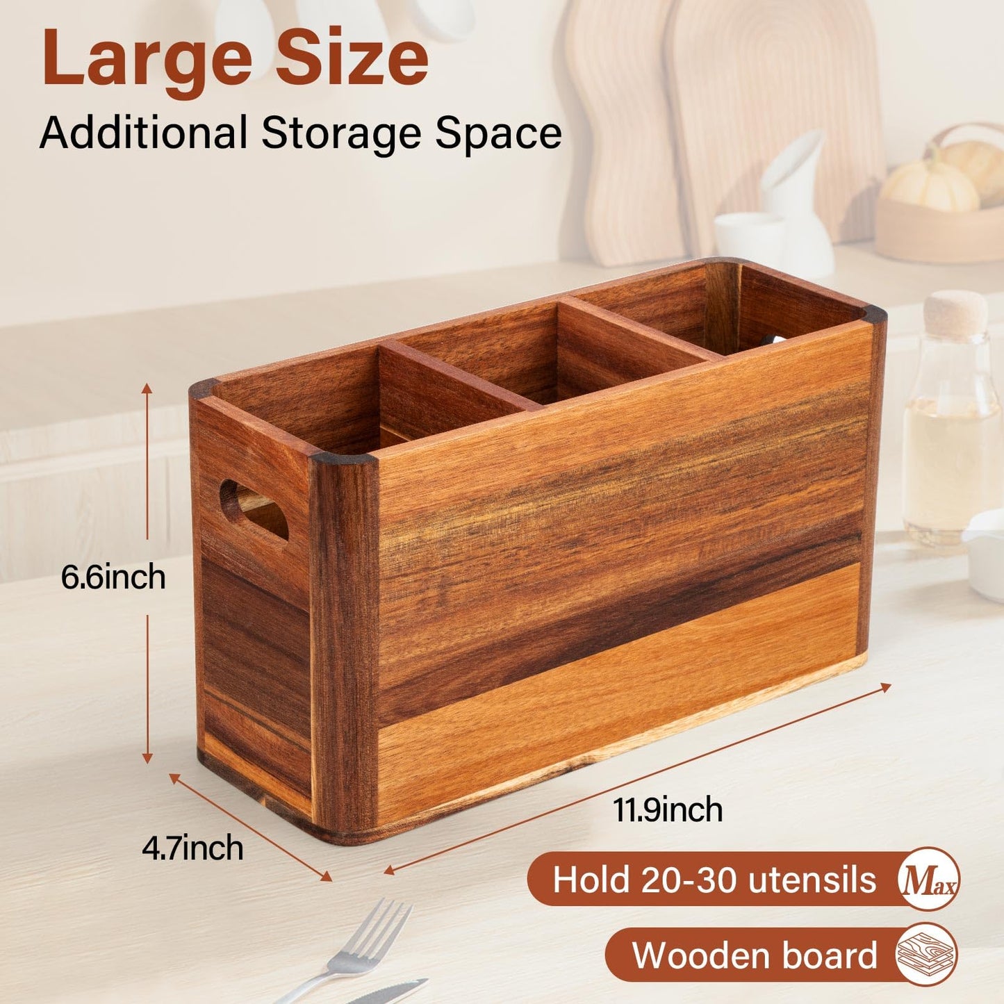 Wooden Utensil Holder for Kitchen Counter or Wall, Large Utensil Holder with 3 Compartment, Acacia Wood Kitchen Utensil Organizer for Storage Spoons & Spatulas, Fall Farmhouse Utensil Crock Container