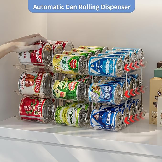 Jsyrjing Can Organizer for Pantry, 3-Tier Stackable Can Dispenser Rack | Automatic rolling, Modular flexible combination, Extra-thick clear material, Cabinet pantry fridge countertop storage