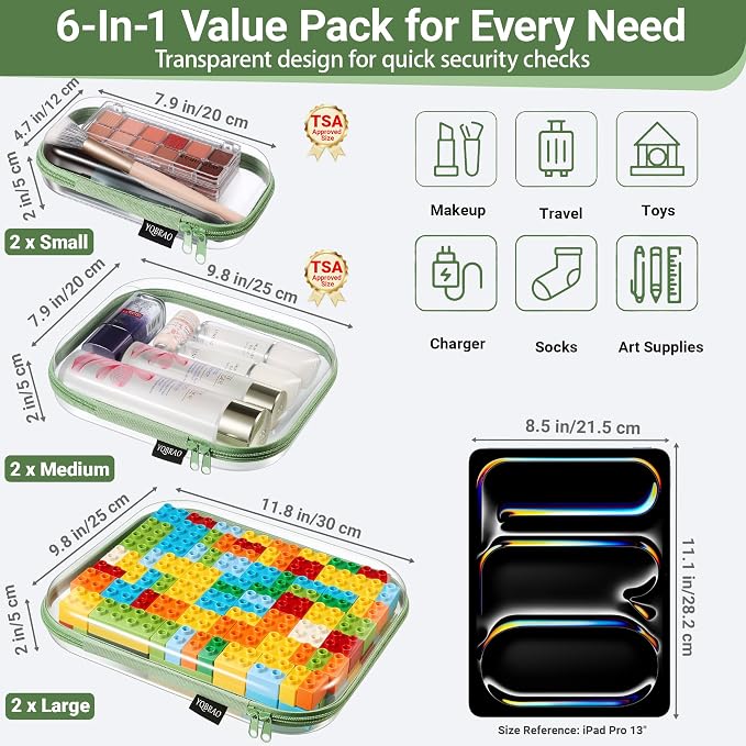 YQBRAO 6 Pack Sleek Green Clear Hard Shell Zipper Case, 1.2mm Heavy Duty Tech & Cord Organizer Pouches, Crush-Proof Electronic Storage for Travel, Tools & Diaper Bag (2L+2M+2S)