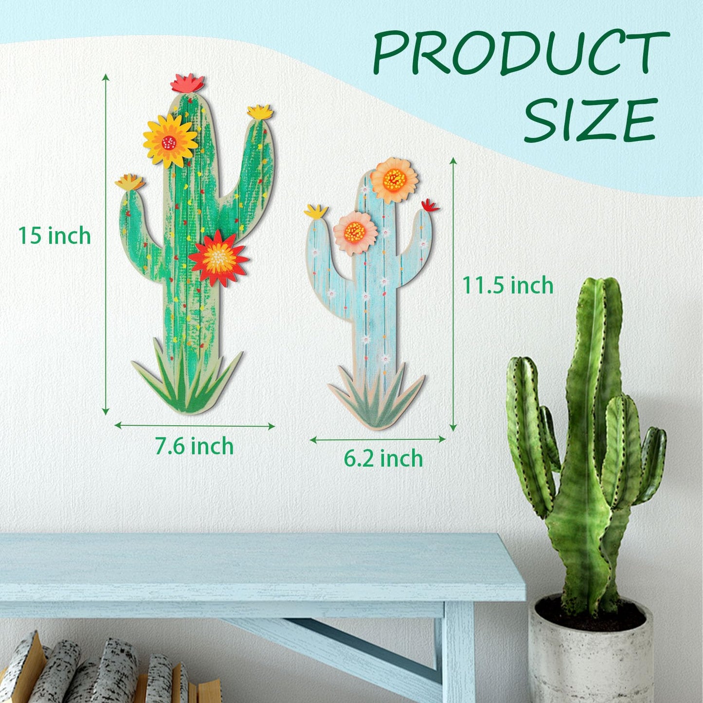 KOYILTD 2 Pcs Cactus Wall Art Wooden Southwestern Decor Western Bathroom Decoration Vivid Cactus Wall Decor for Home Bathroom Bedroom Livingroom Nursery (Vivid, Medium)