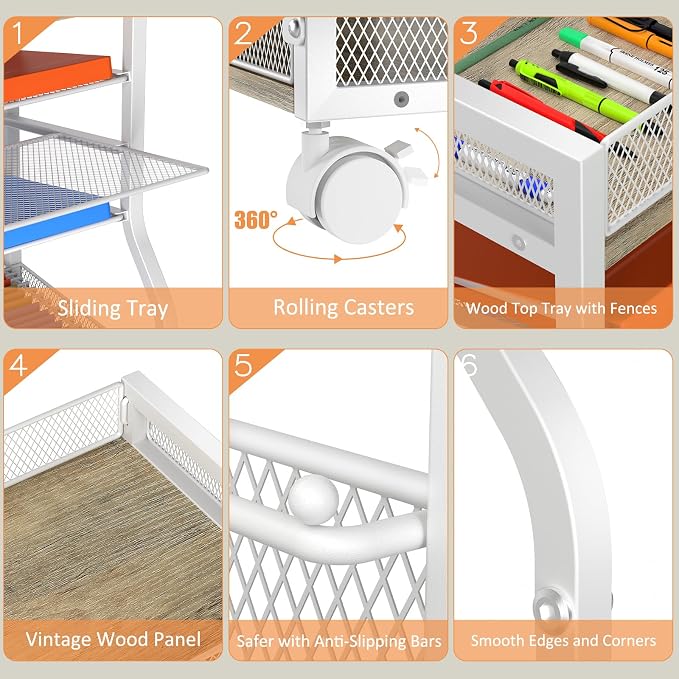 5-Tier Rolling File Cart with Lockable Wheels, Mobile Desk File Organizer Hanging File Folders Paper Letter Sliding Trays, White Wood & Mesh Hanging Folder Drawer Organization for Office, Home, School