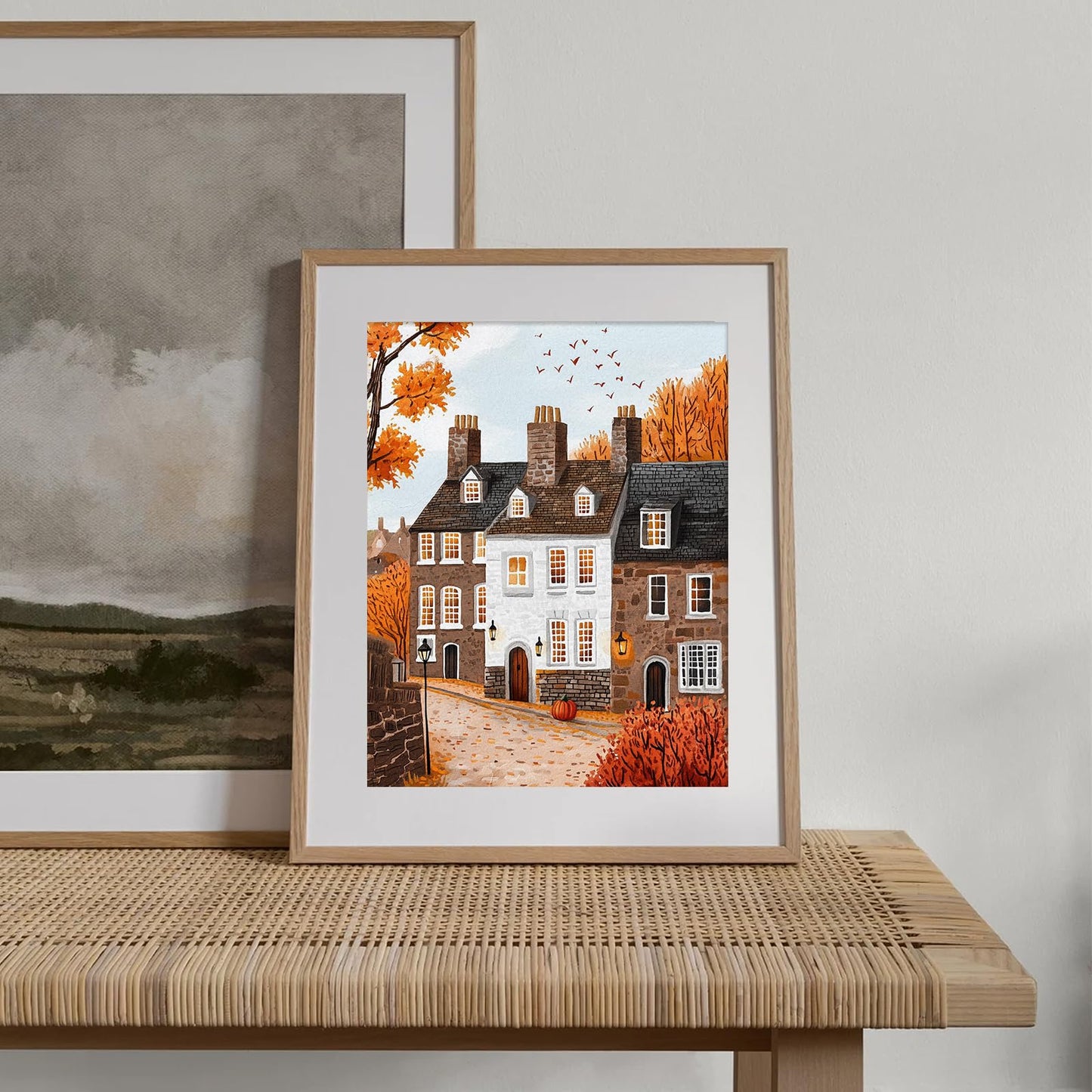 XOCUUI Autumn Cozy Village Landscape Scene 8x10 Unframed Canvas Print, Rustic Fall Street Scene Wall Art With Warm Colors, Thanksgiving House Office Entryway Seasonal Decor