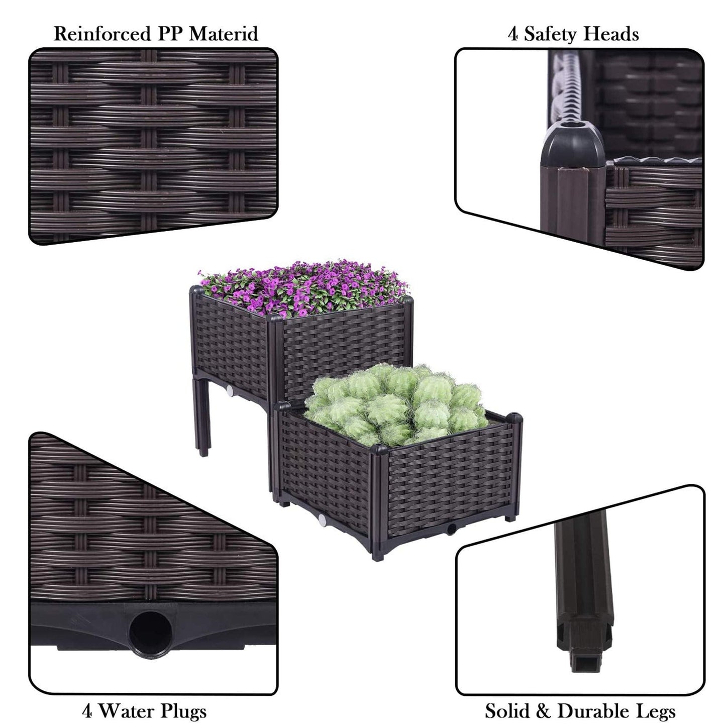 Set of 2 Plastic Raised Garden Bed Kit, Indoor Outdoor Elevated Planter Box, Rattan-Style Plant Containers with Self-Watering Design, for Growing Vegetables, Flowers, Herbs