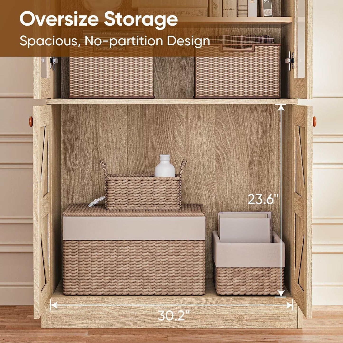 ivaniti 71" Farmhouse Bookcase with Glass Doors & Drawers, Tall Wooden Storage Cabinet with Adjustable Shelves for Living Room, Kitchen, Home Office, Dining Room – Rustic Brown, Set of 4