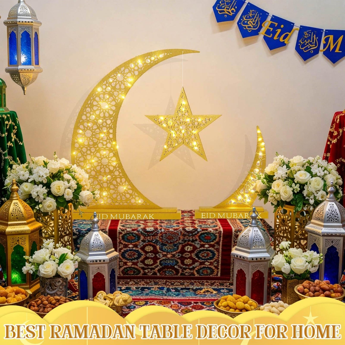 Wesiti 2 Pcs Eid Al Adha Decorations Eid Mubarak Wooden Table Decoration Islamic Gifts for Muslim Gold Crescent Lamp with Moon Star Centerpiece Light for Al Adha Decor Muslim Holiday Celebration