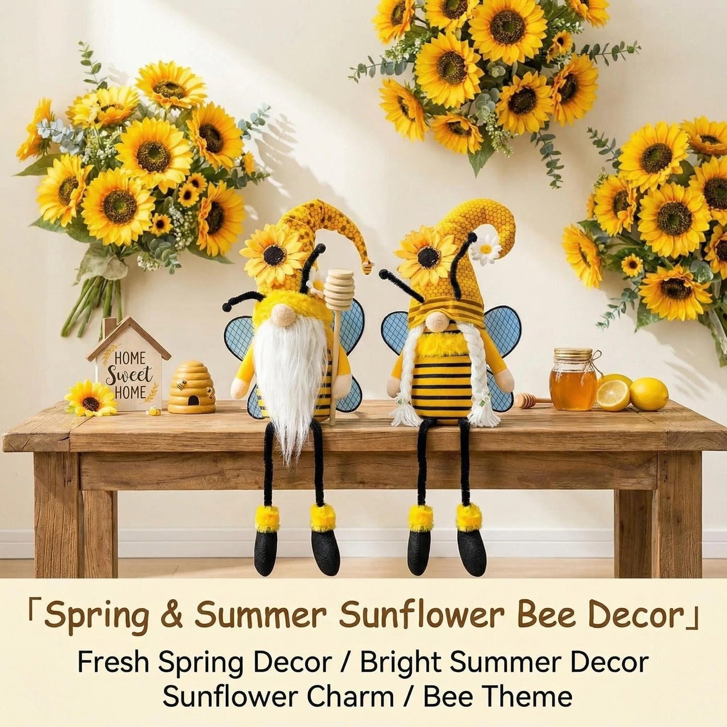 Spring Decorations for Home, Office, Indoor - Yellow Honey Bumble Bee Sunflower Plush Gnomes Doll - Summer Gnome Gifts Ideas for Women - Bee Stuffed Sitters - Unique Housewarming Gifts for New Home