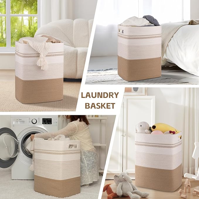 80L Large Cotton Rope Laundry Basket for Bedroom & Laundry Room, Tall Clothes Hamper with Sturdy Handles, Neutral Storage Bin Capable of Holding Blankets and Toys