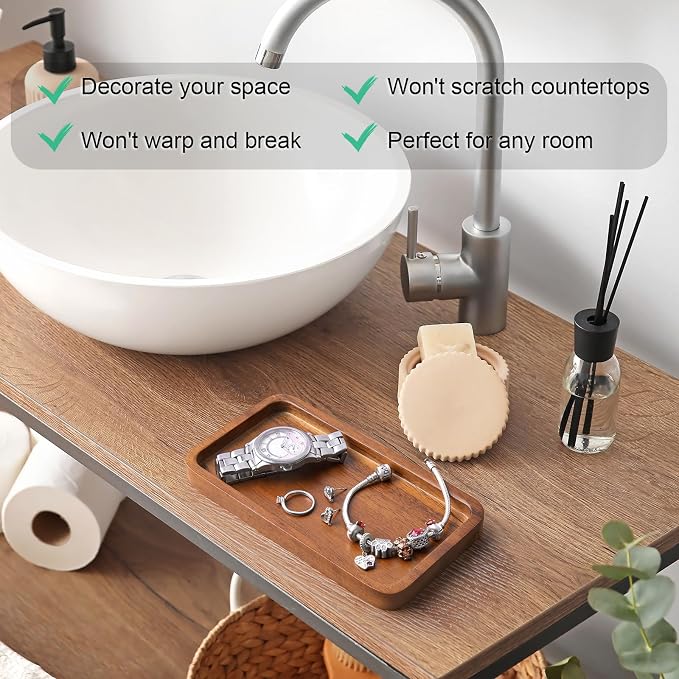 ALELION 6" Small Tiny Bathroom Vanity Tray for Counter - Acacia Wood Dish Soap Dispenser Tray for Kitchen - Decorative Tray for Kitchen Dresser Tops Perfume Jewelry