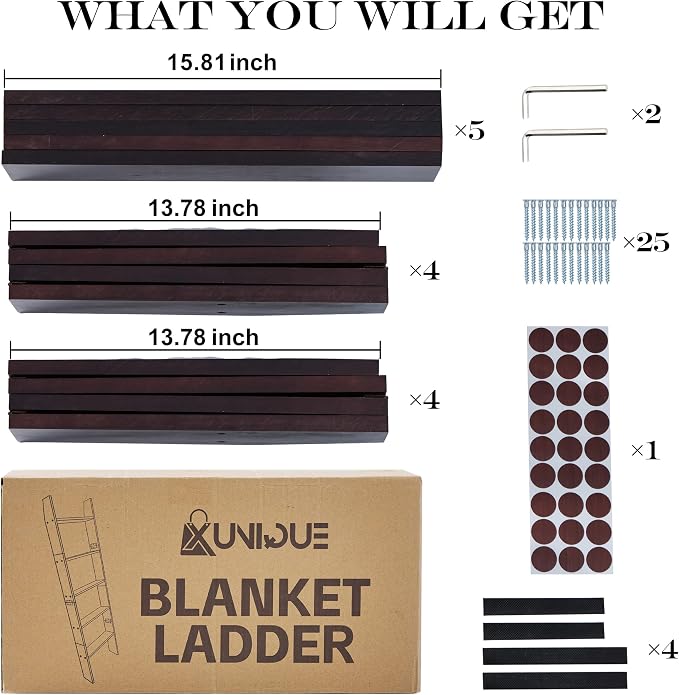 XUNIQUE 5-Tier Blanket Ladder for The Living Room, 4.8 FT Anti-Slip Decorative Ladder Shelf Leaning Quilt Rack, Lightweight, Easy Assemble, Wooden Blanket Rack (Brown)