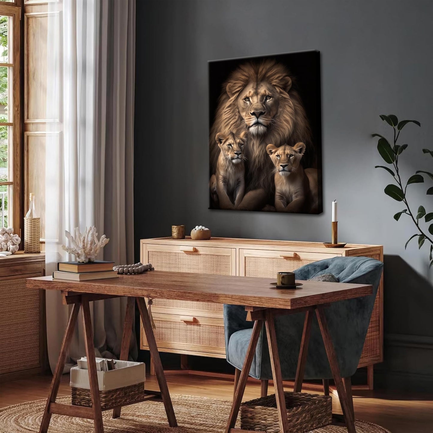 Eysintum Framed Lion Wall Art Lion Family with Cubs Canvas Print Wildlife Animal Painting for Living Room Bedroom Office Home Decor Ready to Hang 12x16in