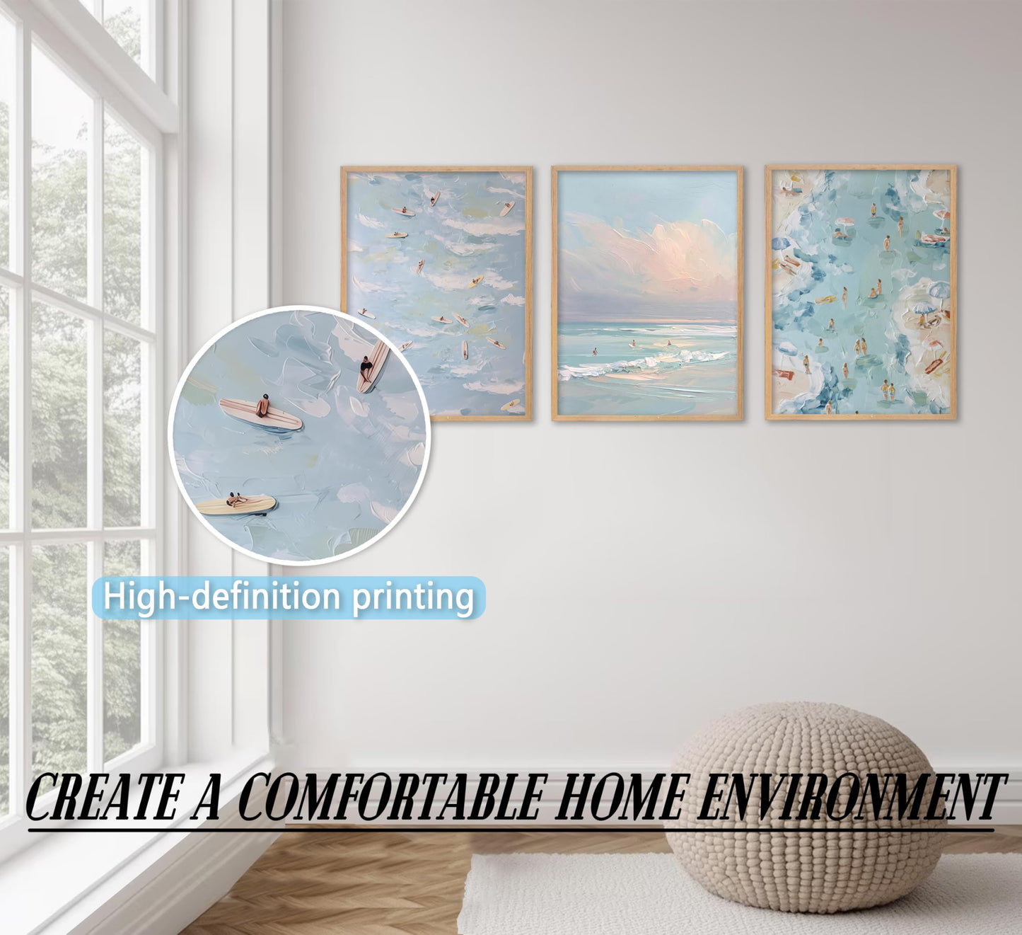 Blue Ocean Wall Art Coastal Surf Poster Beach Vacation Picture Wall Decor Abstract Beach People Surfing Painting Seashore Canvas Print Artwork for Living Room Bedroom Apartment Decoration,UNFRAMED