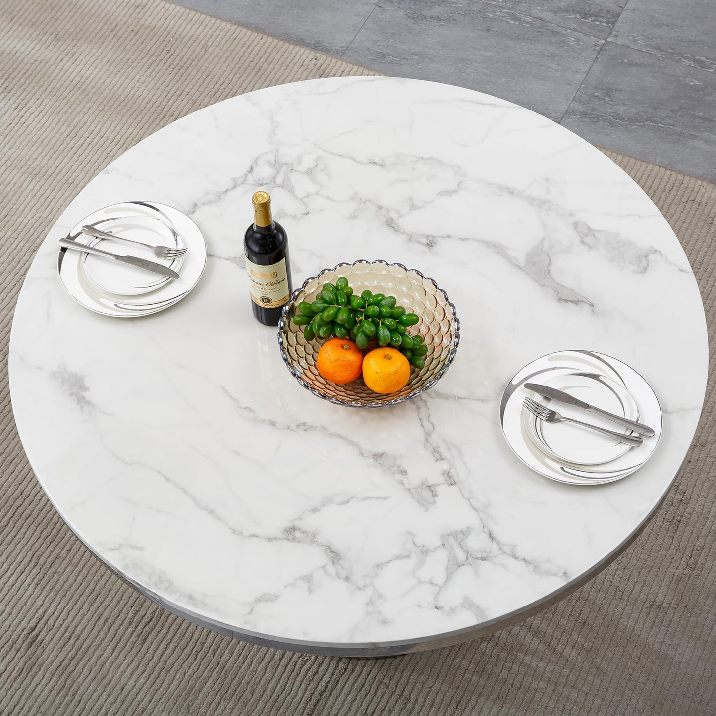 GlyphForm 47" Round Faux Marble Dining Table for 4 to 6, Luxury Modern White Kitchen Table with Silver Stainless Steel Spiral Base Frame,easy to clean Heavy Duty Dining Room Table for Home Office,MDF