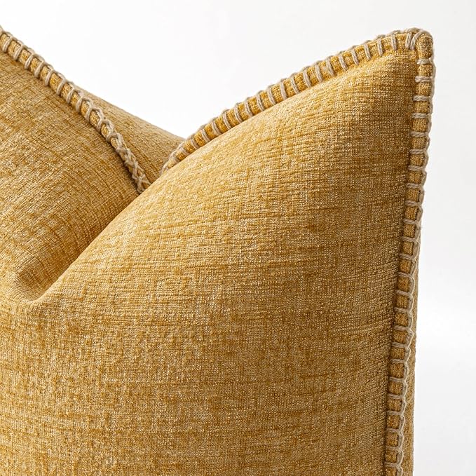 MIULEE Pack of 2 Lumbar Throw Pillow Covers 12x20 Inch Gold Mustard Yellow Farmhouse Decorative Pillow Covers with Stitched Edge Soft Chenille Solid Dyed Pillow Covers for Couch Sofa Bed Living Room