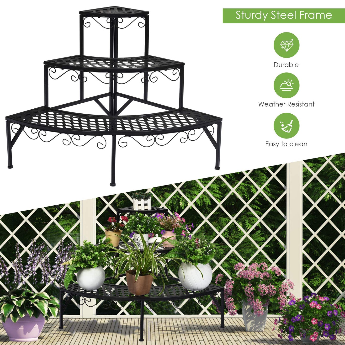 S AFSTAR 3-Tier Plant Stand, Corner Ladder Flower Pots Holders for Indoor Outdoor Use, Quarter Round Plant Display Rack