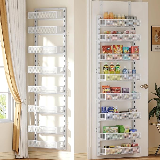 Over the Door Pantry Organizer, 8-Tier Over the Door Spice Rack with Adjustable Baskets, Wall-Mounted or Hanging Shelves for Kitchen, Laundry Room, Bathroom(White, 15.35"W x 5.2"D x 72.6"H)