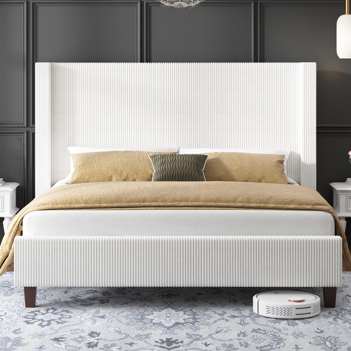 HOWE California King Size Bed Frame with 50.8" Tall Wingback Headboard, Modern Corduroy Upholstered Platform Bed Frame with Solid Wood Slats & Legs, No Box Spring Needed, Noise-Reducing Design, White