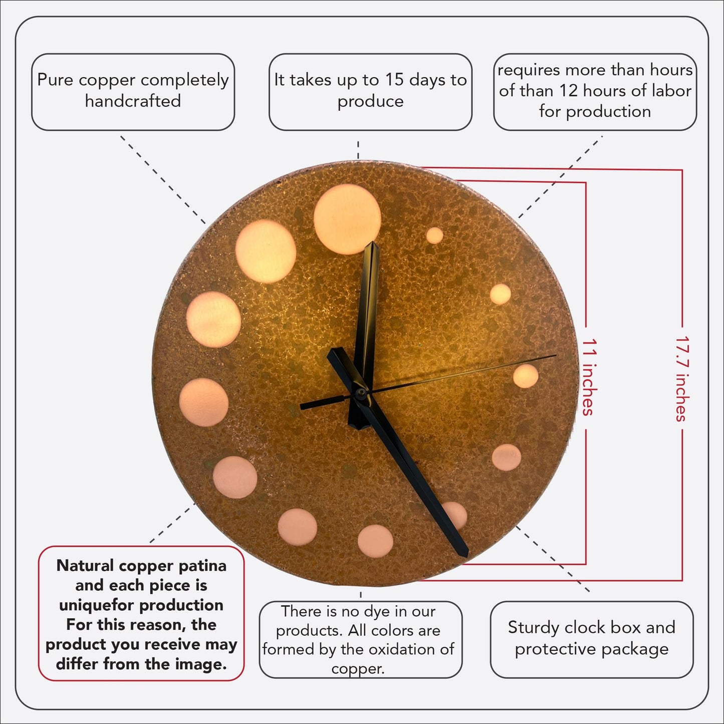 nooc art Handmade Pure Copper Wall Clock for Home Decoration, Decor Clock for Living Room, Bedroom and Kitchen, Rustic Decorative Mural Clock Art for Farmhouse (Circles of Time, 11)