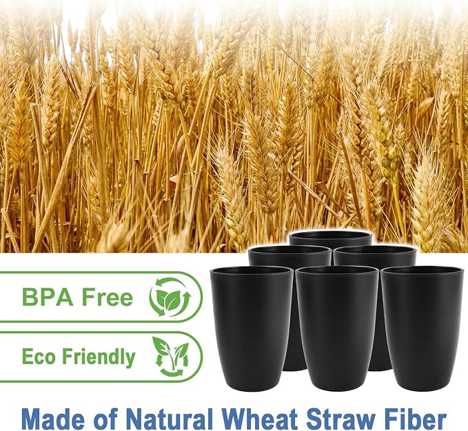 20 OZ Wheat Straw Cups SetS of 6, Unbreakable Drinking Cup, Alternative to Plastic Cups Reusable, Microwave & Dishwasher Safe Big Cup, Large Drinking Glasses for Kitchen, Party (Black)
