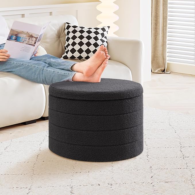 PINPLUS Round Storage Ottoman, Foldable Sherpa Ottoman Footstool Storage with Coffee Table for Living Room, Bedroom, Dorm (Dark Grey)