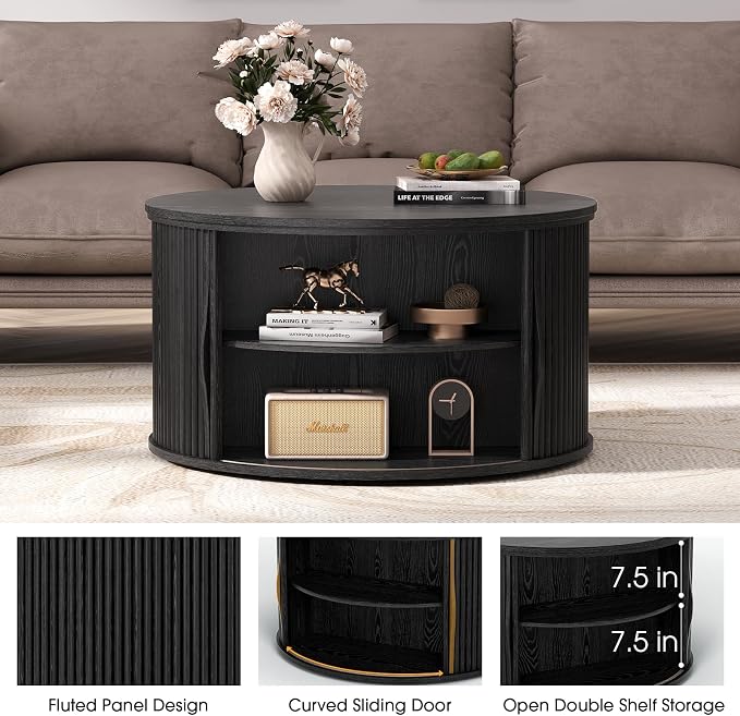 JOINICE 31.5" Black Round Lift Top Coffee Table, Modern Fluted Drum Center Table with Hidden Storage, Minimalist Circle Wood Desk for Living Room & Small Apartment