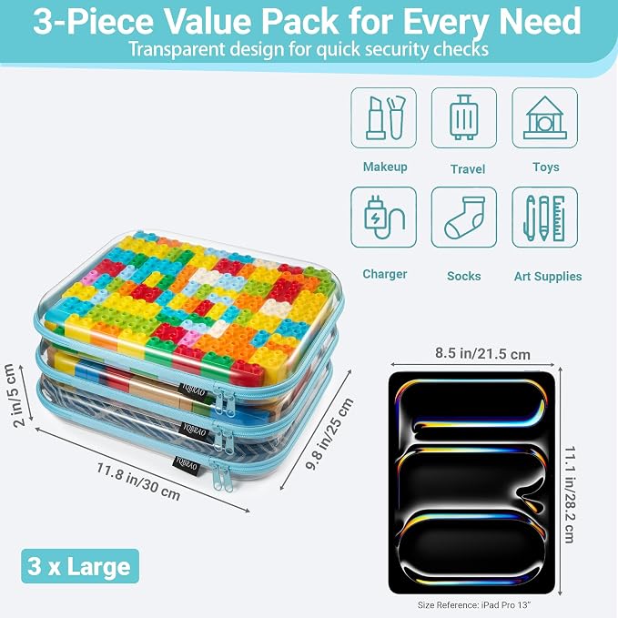YQBRAO 3-Pack Large Clear Hard Shell Zipper Case, 1.2mm Rigid Toy & Cosmetic Bags, Heavy-Duty Diaper Bag Pouch Set with YKK Zippers, Waterproof Travel & Makeup Storage (Blue)