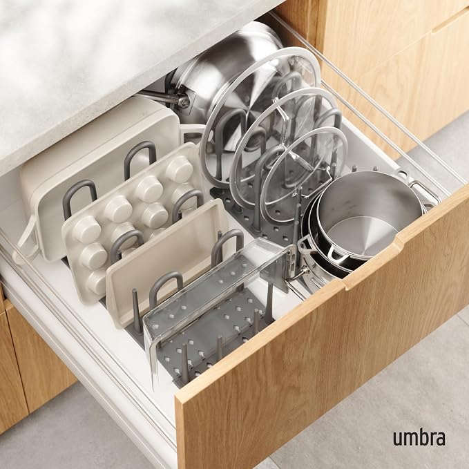 Peggy Kitchen Drawer Cupboard Organizer Tray - Adjustable Storage System For Food Containers, Cookware, Serveware, Utensils and More, Large, Grey