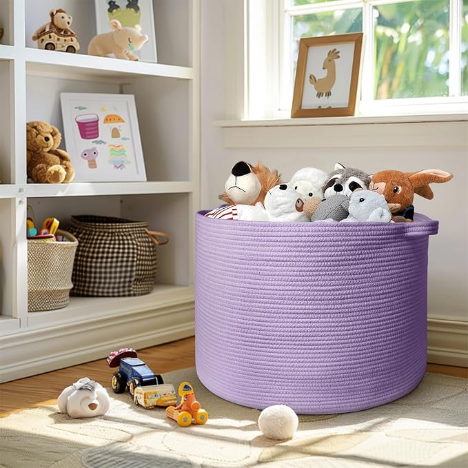 MEGASKET 115L Extra Large Purple Storage Basket, 23.6" X 15.7" Jumbo Woven Cotton Rope Bin for Throw Blankets Pillows, Baby Laundry Basket, Dirty Clothes Organizer, Big Storage Box for Toys, Towels