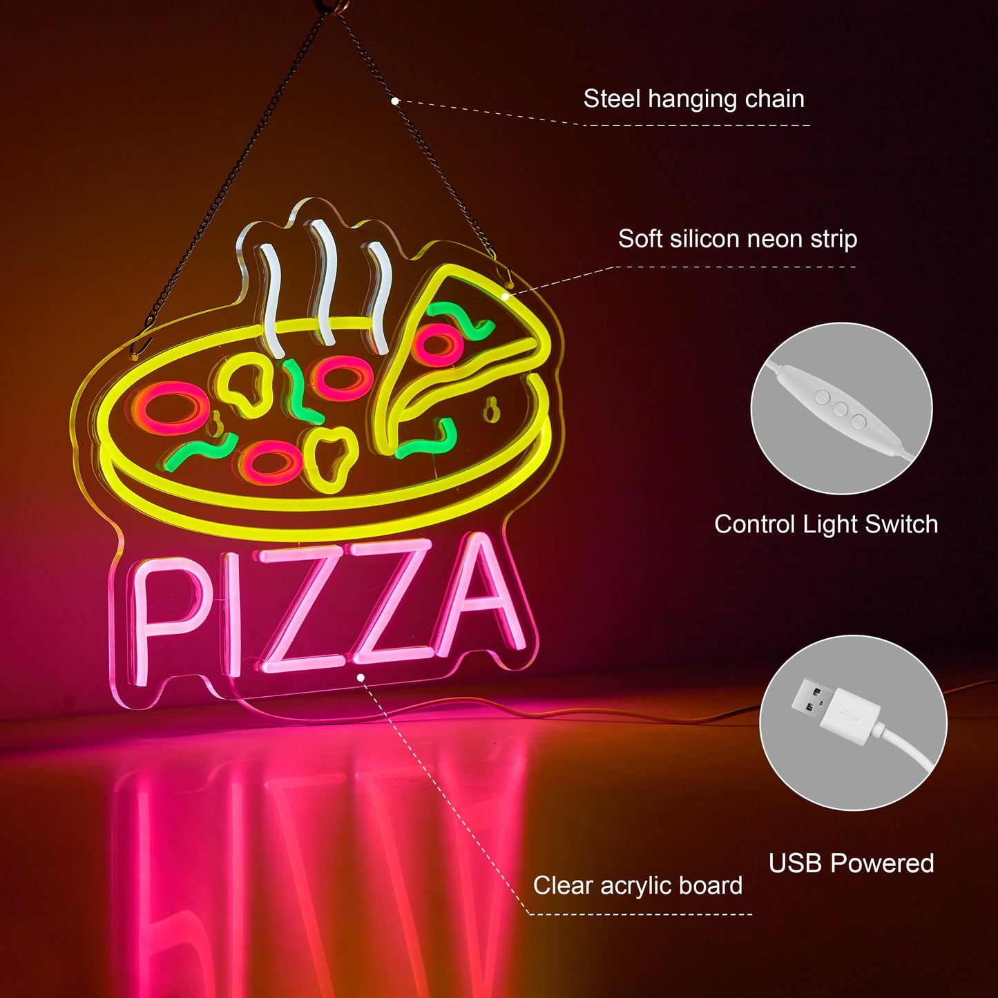 Hoyoelec Pizza Neon Sign for Wall Décor Dimmable LED Neon Sign USB Powered Neon Art Signs Decor