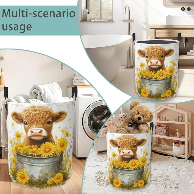 Cute Highland Cow Round Laundry Basket Collapsible Laundry Hamper with Handles Toys Clothes Organizer Bin For Home Bathroom Bedroom Dorm Nursery