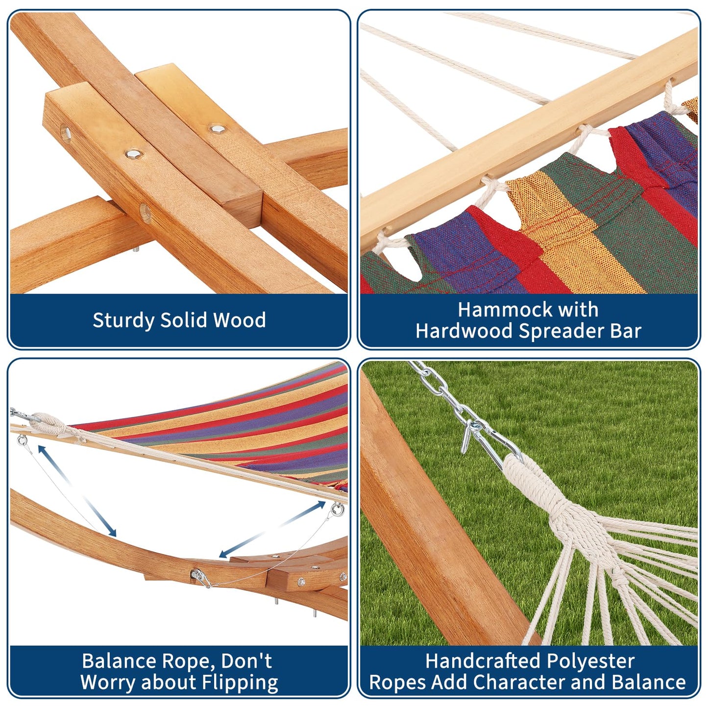 Festisoul Curved Wooden Hammock Stand, Heavy Duty 475 LBS Weatherproof Hammock Frame, Adjustable Height Stand for 9-13FT Hammocks, Indoor/Outdoor Patio Hammock Stand with Chains & Carabiners