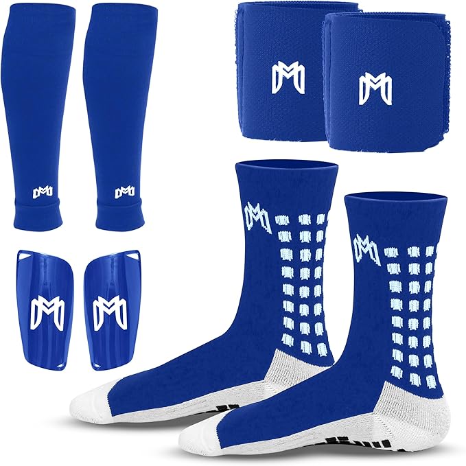 Soccer Grip Socks, Shin Guards, Pre Cut Sock Sleeves, and Guard Straps Bundle Pack - Essential Equipment for Soccer Players - for Mens, Women, Youth, Size 7 to 12 US Men Shoe Size