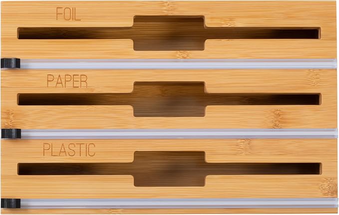 Honey Can Do 3-In-1 Bamboo Food Wrap Organizer With Safety Cutter | Plastic, Wax, Paper and Foil Holder KCH-09858 Natural