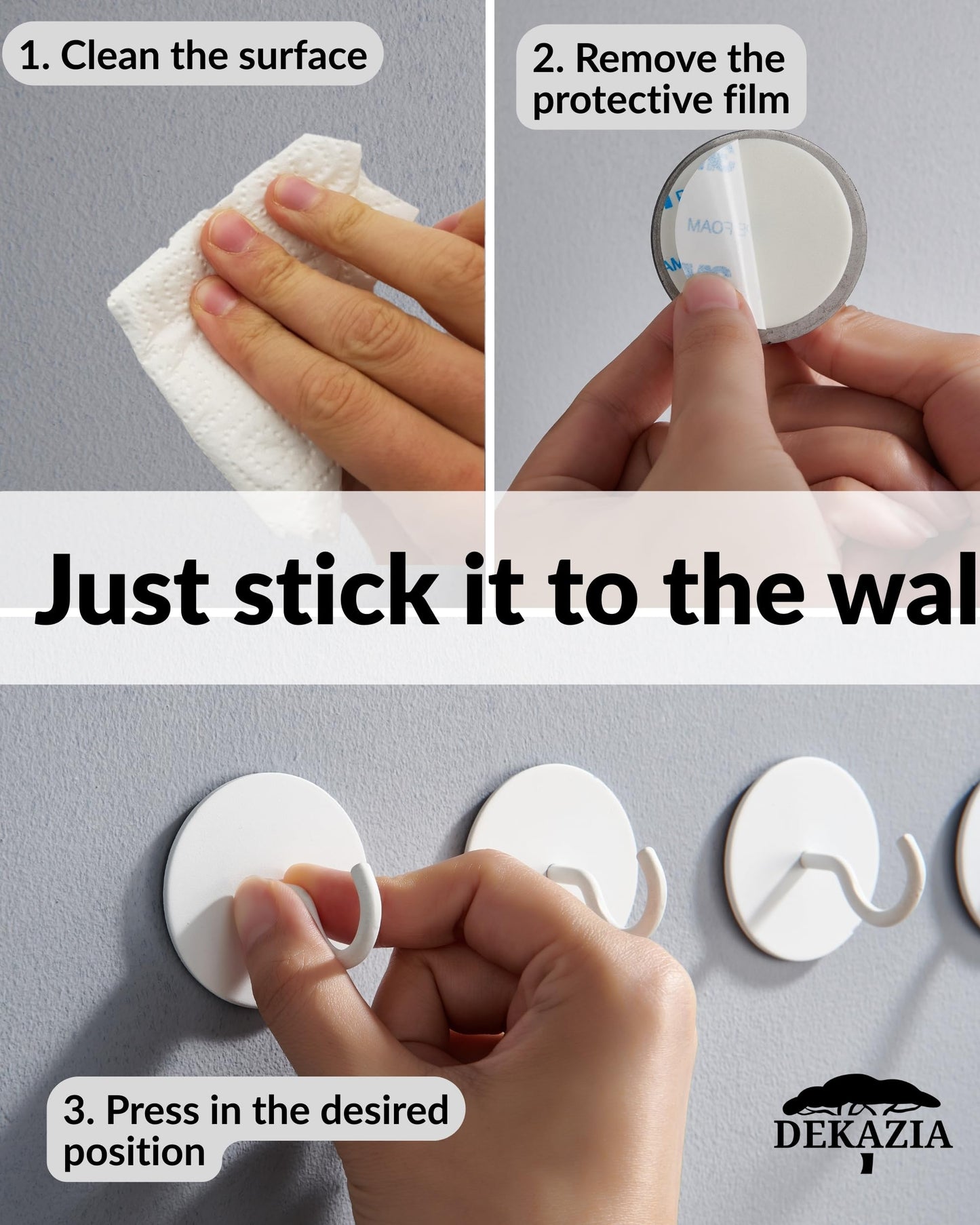 DEKAZIA® Set of 4 Self-Adhesive Ceiling Hooks White - Extra Strong Round Hooks for Ceiling & Wall