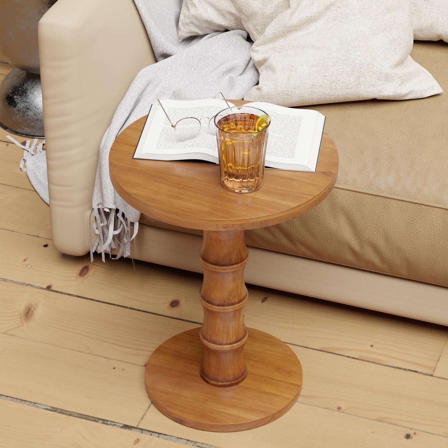COZAYH Solid Cedar Pedestal End Table with Turned Wood Base, Round Wooden Side Table, Small Space Accent Table for Living Room or Entryway, Warm Natural