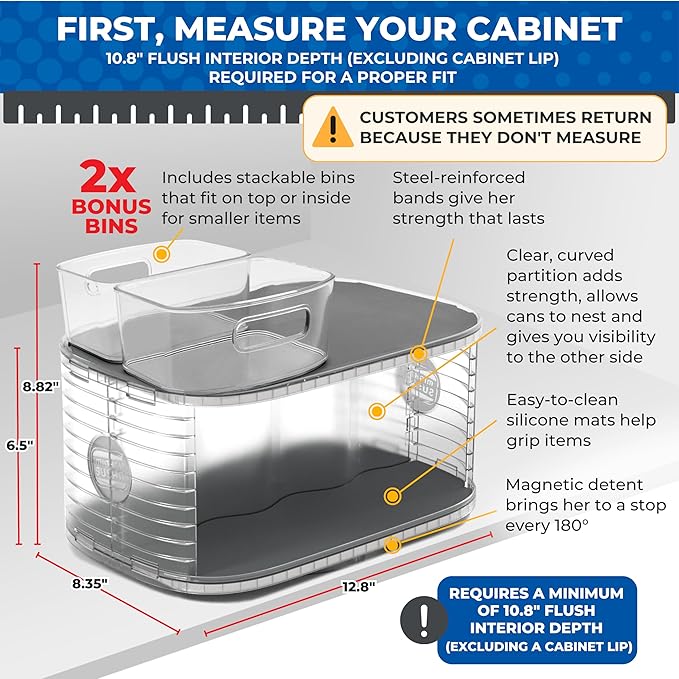 Mighty Susan 2-Tier Lazy Susan Pantry Organizer – Steel Reinforced Turntable for Kitchen Cabinets & Pantry Storage – Heavy-Duty Can Organizer Holds Up to 30 lbs – Rotates 360° – Includes 2 Bonus Bins