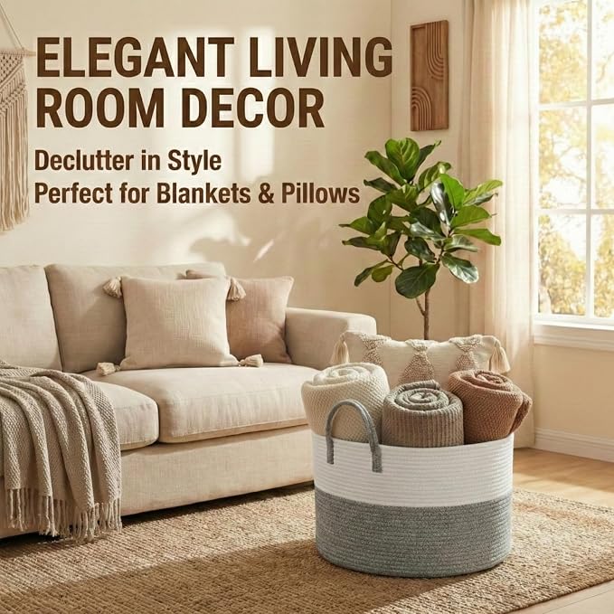JMvicyroam 65L Extra Large Blanket Basket for Living Room - Woven Cotton Rope Laundry Hamper with Reinforced Handles - Storage Bin for Pillows, Comforters & Toys - Machine Washable,White&Grey